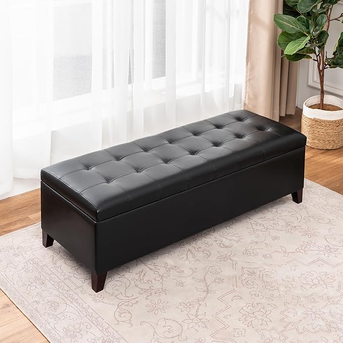 DECO DE VILLE Ottoman with Storage, 51 Inch End of Bed Storage Ottoman Bench, Faux Leather Upholstered Ottomans with Hinged Lid, Rectangle Long Foot Rest Bench for Entryway Living Room Bedroom Black