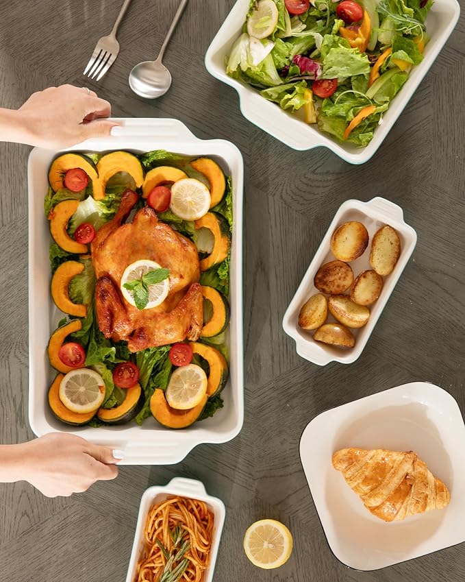 Sweejar Ceramic Bakeware Set of 4, Casserole Dishes for Oven, Rectangular Baking Dish with Handles, Lasagna Pans Deep for Cooking, Gratin, Roasting, Banquet and Daily Use (White)