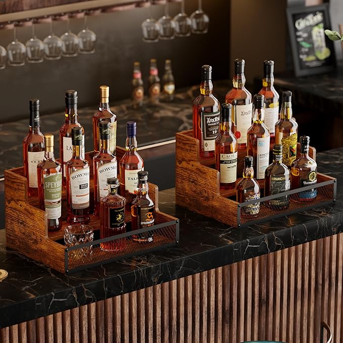 2 Pack 3 Step Countertop Liquor Bottle Display Shelf, Wood Bar Shelves 12 Bottles with Fences, Freestanding Storage Shelves for Liquor Whiskey Wine Coffee Syrup Display, Retro Wine Rack Home