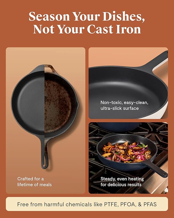 Caraway Cast Iron Skillet - 10.5??Enameled Cast Iron Pan With 3 Layer Enamel Coating - No Seasoning Required - Compatible With All Stovetops - Free From Forever Chemicals - Rust