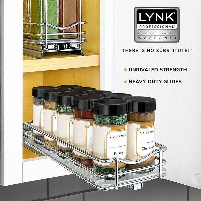 LYNK PROFESSIONAL짰 Pull Out Spice Rack Organizer for Inside Kitchen Cabinets - 4-3/8 inch Wide - Slide Out Drawer ??Chrome Sliding Spice Cabinet Organization Shelf Racks - 1 Tier