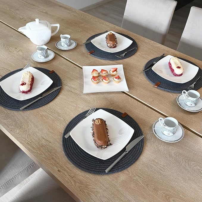 Round Placemats, Set of 4, Handmade by Braided Cotton Cord for Kitchen and Dining Table, Dia. 12.6 Inch, Doublesided, Heat Resistant, Dark Gray
