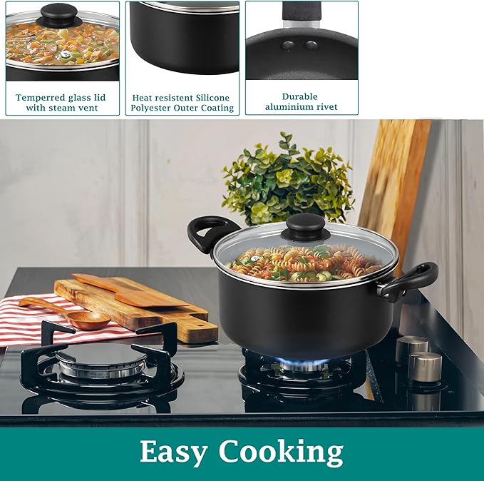 7-Piece Non-Stick Aluminum Cookware Set - Pots and Pans, Pot & Pan Sets Nonstick with Lids for Frying, Boiling, Stewing & Sauteing (Red)