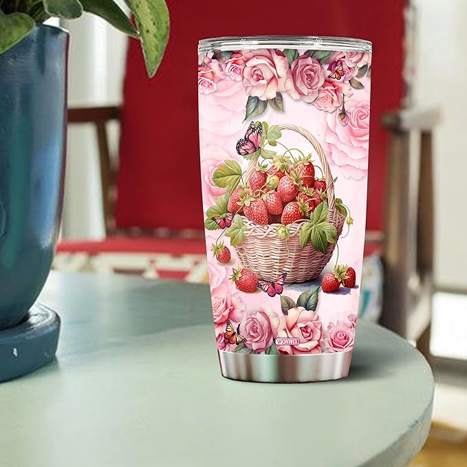 WONWIX Personalized Strawberry Gift for Women, 20oz Insulated Stainless Steel Coffee Mug Tumbler, Travel Cup, Gifts for Girls, Wife, Daughter, Christmas, Birthday, Mothers Day, Valentine