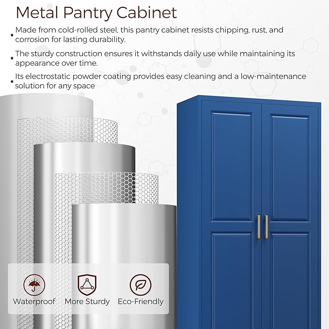 75" Kitchen Pantry Cabinet with Drawer, Metal Storage Cabinets with Doors and Adjustable Shelves, Blue Tall Pantry Cabinet for Dinning Living Room, Home