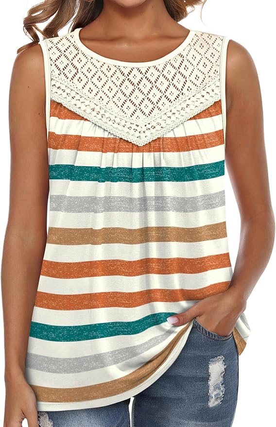 XIEERDUO Womens Tank Tops Sleeveless Lace Crochet Boho Tops Loose Fit Pleated Tunics Crewneck Summer Vacation Outfits Flowy