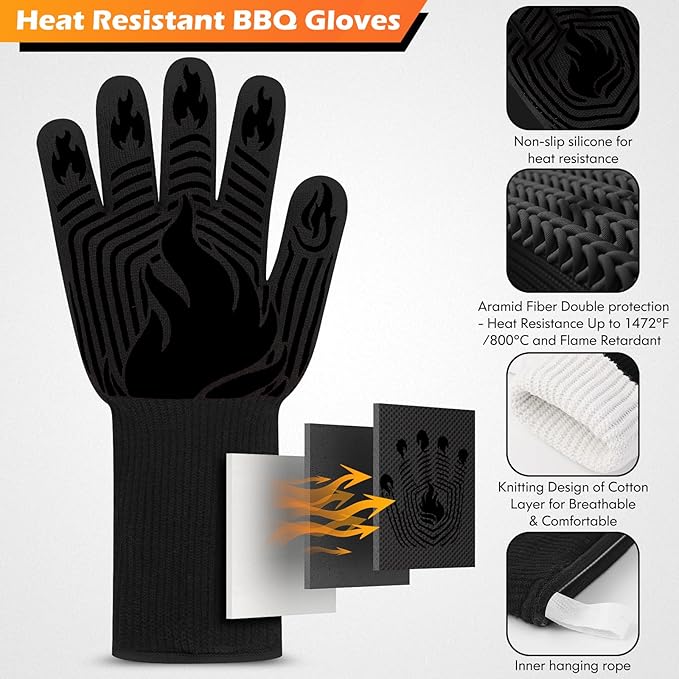 BBQ Gloves, 1472째F Heat Resistant Gloves Fireproof Mitts, Grilling Gloves Silicone Non-Slip Washable Oven Glove, Kitchen Glove for Barbecue, Grilling, Cooking, Baking, Camping, Smoker (Black)