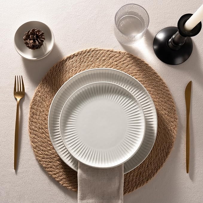 Famiware Starlight Plates and Bowls Dishes Set of 8 (24 Pieces), Ribbed Textured Stoneware Dinnerware Sets- Dishwasher & Microwave Safe, Chip Resistant, Matte Reactive White
