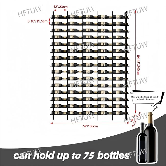 75-Bottle 5-Column Wall-Mounted Wine Rack, Gold Metal Wine Bottle Holder with Vertica Design, Space-Saving Wine Storage Shelf for Home Bar, Kitchen, Restaurant & Cellar(75 Bottles, 74.02" W)
