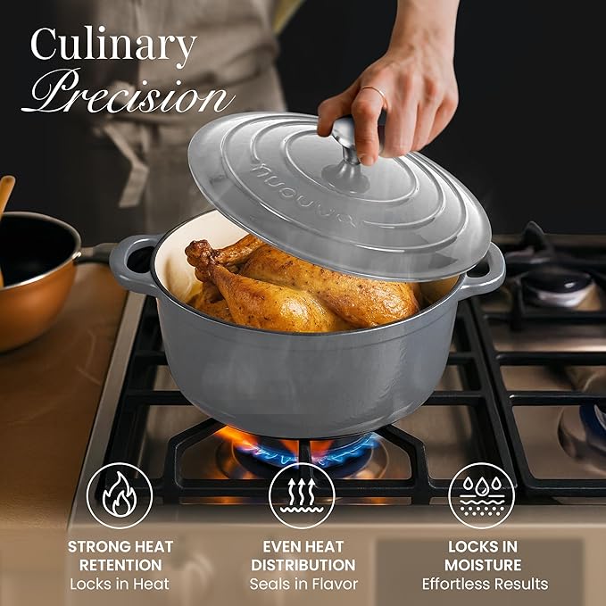 Nuovva Enamelled Cast Iron Dutch Oven Pot with Lid ??6.4 Quart Non Stick Casserole Pot ??Heavy Duty & Oven Safe up to 500째 F for Bread Baking, Braising, Stews, Roasting ??28cm Grey