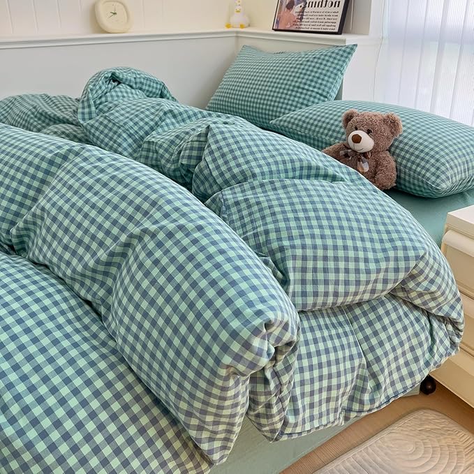 LifeTB Green Gingham Comforter Set Full Size Geometric Plaid Checkered Pattern Comforter Green Grid Plaid Printed Bedding Comforter Set with 2 Pillowcases Fluffy Soft Gingham Bedding Set Breathable