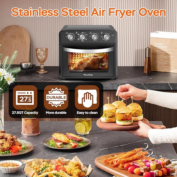 27.5QT 6-in-1 Air Fryer Toaster Oven Extra Large Dropdown-Door 6-Slice Convection Oven for Air Frying, Baking, Roasting, Broiling & Grilling, Stainless Steel Housing, Black