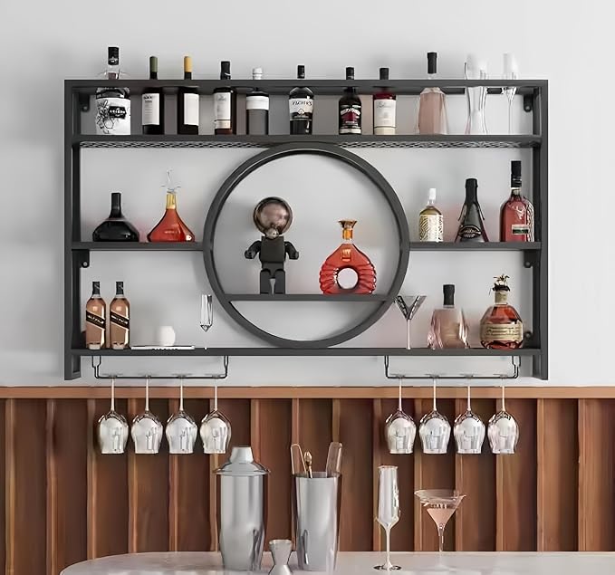 39 Inch Metal Wall Mounted Wine Rack, 3-Tier Bar Shelf with Glass Holder, Modern Large Capacity Liquor Bottle Display Shelf for Home Bar, Dining Room & Kitchen, Black