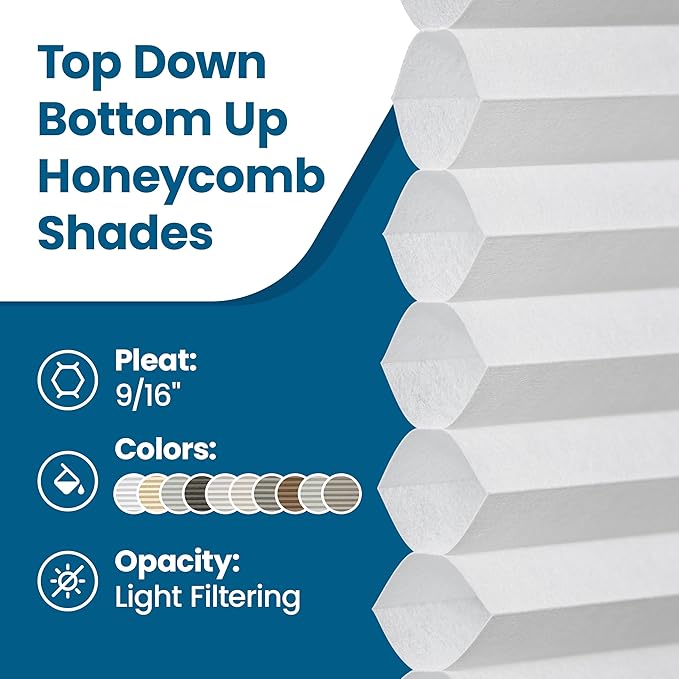 BlindsAvenue Cordless Top Down Bottom Up Cellular Honeycomb Shade, 9/16" Single Cell, Light Filtering, Cotton White, Size: 44" W x 48" H