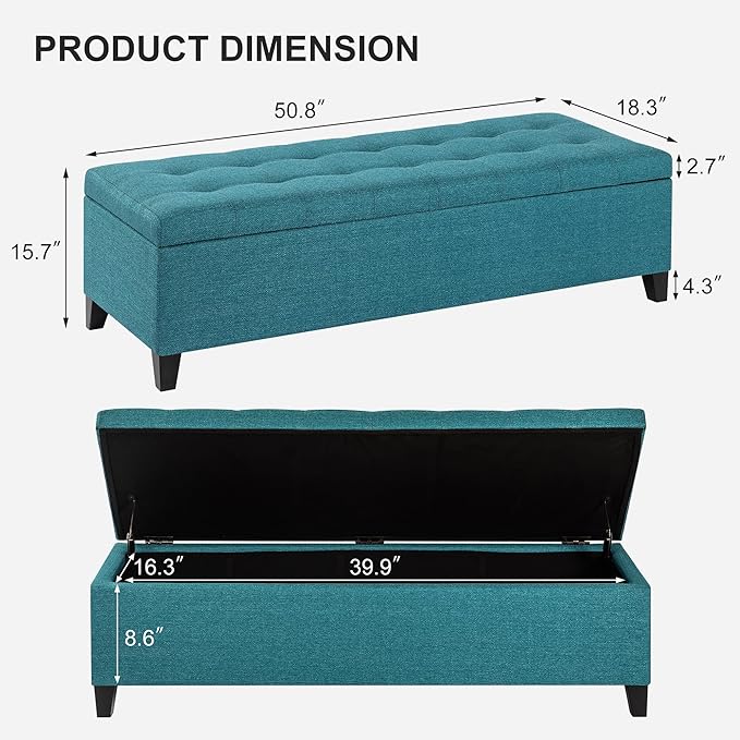 DECO DE VILLE Ottoman with Storage, 51 Inch End of Bed Storage Ottoman Bench, Linen Fabric Upholstered Ottomans with Hinged Lid, Rectangle Long Foot Rest Bench for Entryway Living Room Bedroom Teal