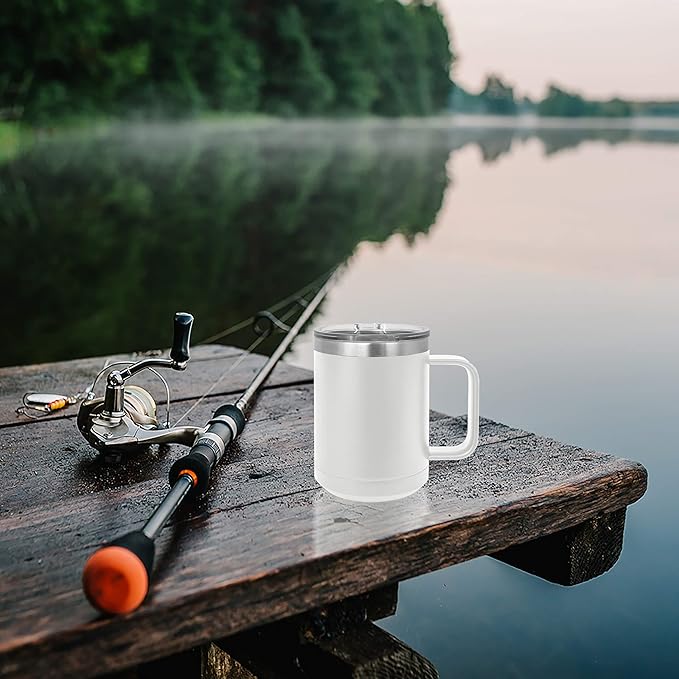 Clear Water Home Goods - (Bulk Pack of 12-15 oz Double Wall Coffee Mug with Lid and Handle, Double Insulated Stainless Steel Travel Tumbler Cup - Powder Coated - White