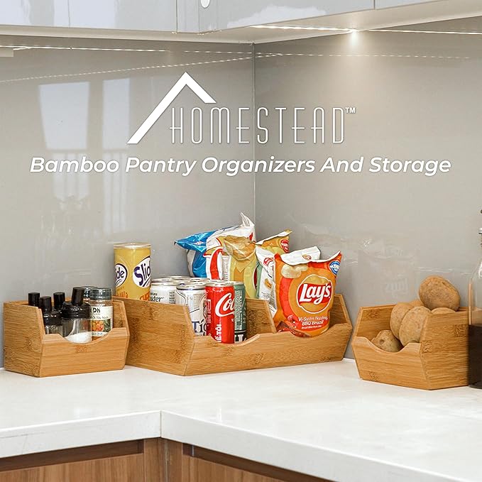 HOMESTEAD Bamboo Pantry Storage Bins ??Potato & Onion Storage Bin for Pantry Organizers, Produce Organizer Set of 3 ??Slide out Bin Access