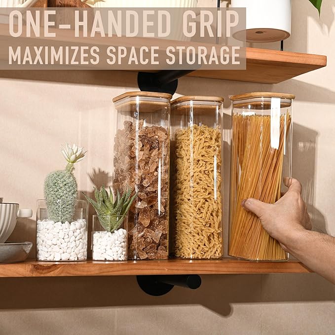 71oz Rectangle Airtight Glass Storage Containers with Bamboo Lids (Set of 3), Square Food Storage Jar, Pantry Organizers for Sugar, Flour, Spaghetti and Coffee beans (?럚ith Black Lable)