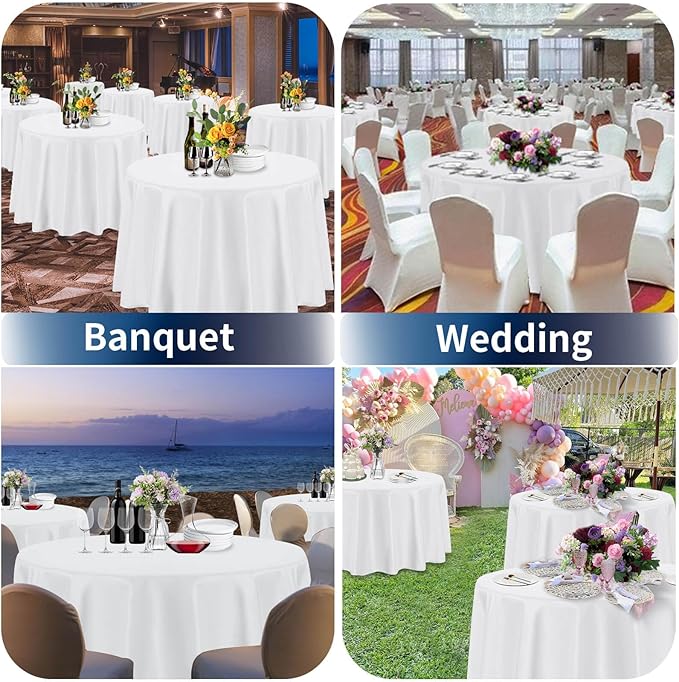 PureFit 8 Pack Round White Table Cloths 90 Inch for Round Tables, Stain and Wrinkle Resistant Table Linens for Home Use, Wedding, Party, Banquet and Camping