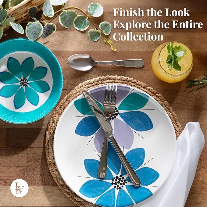 Larder & Vine 12-Piece Melamine Dinnerware Set: Durable, Lightweight, Break-Resistant Plates & Bowls ??Stylish, Non-Toxic, Dishwasher Safe ??Ideal for Everyday Use, Indoor & Outdoor Dining ??Floral