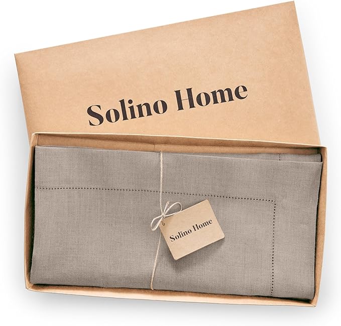 Solino Home Natural Linen Tablecloth 52 x 52 Inch - 100% Pure Linen Square Table Throw - Classic Hemstitch, Machine Washable Table Cloth for Spring, Easter