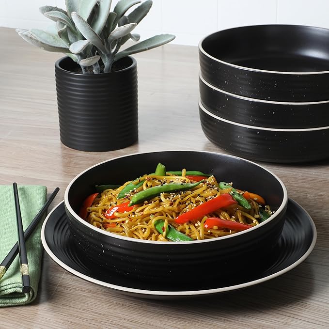 Gibson Home Dinah 16-Piece Matte Black Stoneware Dinnerware Set ??Double Bowl, Embossed Speckled Design, Durable Kitchen Dinner Set