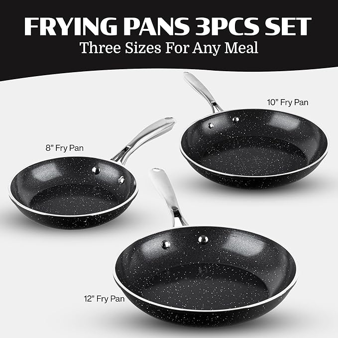 Granitestone Ceraluxe 3pc Non Stick Frying Pans Set, 8,10,12 inch Ceramic Frying Pan Skillet Set, Non Toxic Frying pans Nonstick for Cooking, Induction Ready, PFOA Free, Oven & Dishwasher Safe - Black