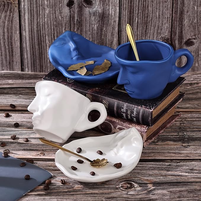 oliruim Blue Coffee Cup and Saucer Set - Ceramic Unique Kissing 8.5 oz Coffee Mug Set with Spoon, Face Coffee Cup and Saucer for Valentine, Wedding, Anniversary Decor (Blue)