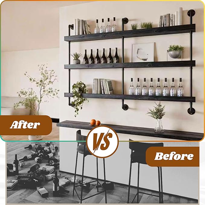Industrial Wine Rack Wall Mounted, Solid Wood Shelf with Metal Pipe Brackets, 3-Tier Rustic Hanging Organizer for Wine Bottle Storage in Kitchen, Bar, Pub, Cellar(Black, 60 Inch)