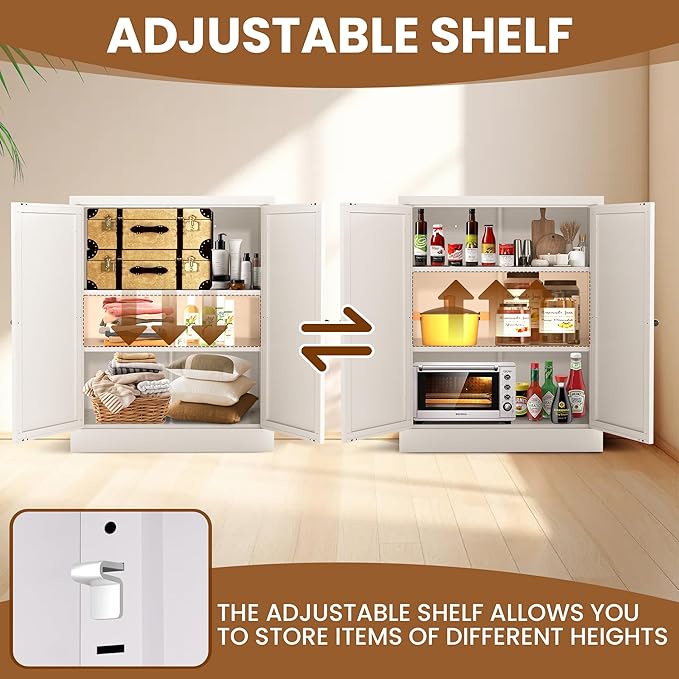 Metal Pantry Cabinet with 2 Adjustable Shelves, Small Kitchen Cupboard Storage Cabinet for Dining Room Living Room Bathroom Office(White)