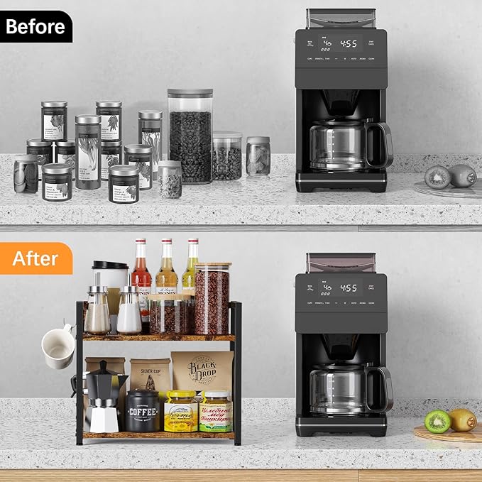 2 Tier Kitchen Counter Shelf Organizer, Coffee Bar Station Organizer for Countertop竊똕pace Saving Spice Rack, Desk Shelf Riser, Coffee Bar Accessories(Rustic Brown, Medium) | Organizer, Coffee Bar Station, Space Saving, Spice Rack, Desk Shelf Riser