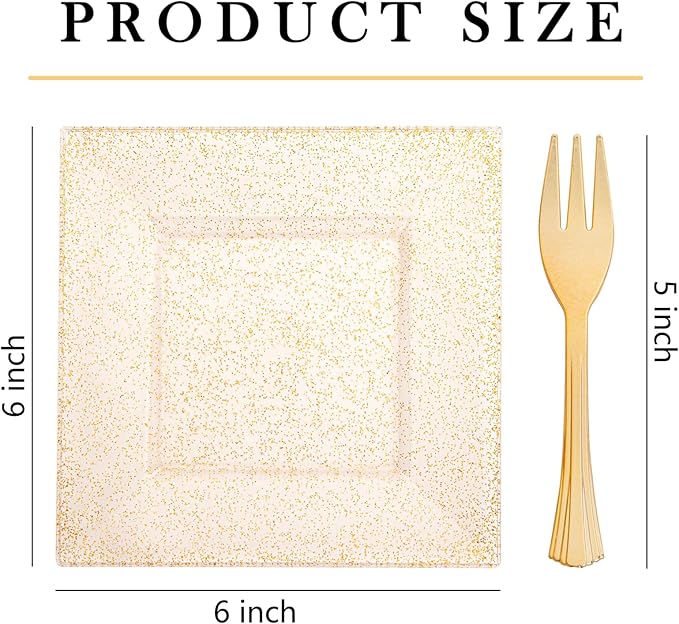 supernal 200pcs 6" Gold Dessert Plates Glitter with 5.7" Plastic Forks,Disposable Square Plates for 100 Guests,Party Plastic Salad Plate Appetizer Square Plates Suit for Party, Wedding