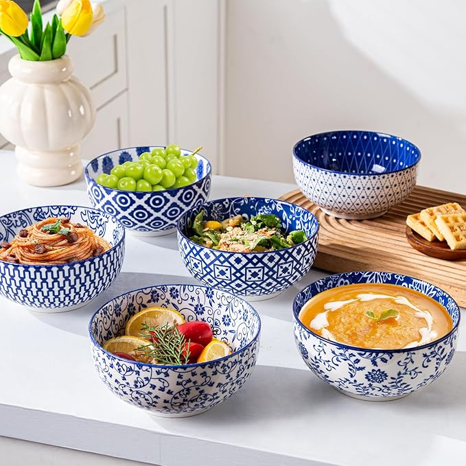 Cerkik Ceramic Soup Bowls Set - 23 Oz Deep Cereal Bowl for kitchen - 6 Inch Porcelain Salad Bowl for Pasta, Dessert, Ramen - Microwave Dishwasher Safe - Set of 6 - Vintage Blue