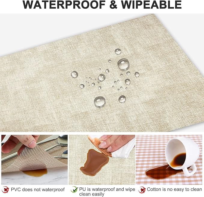 LANDVIEW Leather Heat Resistant Placemats Set of 6 Waterproof Wipeable Washable PU Table Mats,Easy to Clean Anti-Slip Place Mats (Beige, 6)
