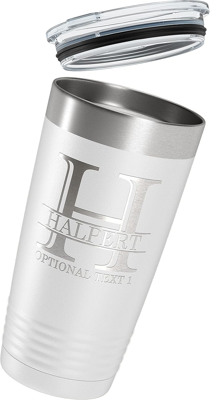 Personalized 20oz (17 Colors) Powder Coated Insulated Stainless Steel Tumbler with Lid, Custom Etched, Customized Engraved Gift Idea for Women Men Her Him, Halpert Monogram Initial Name (White)