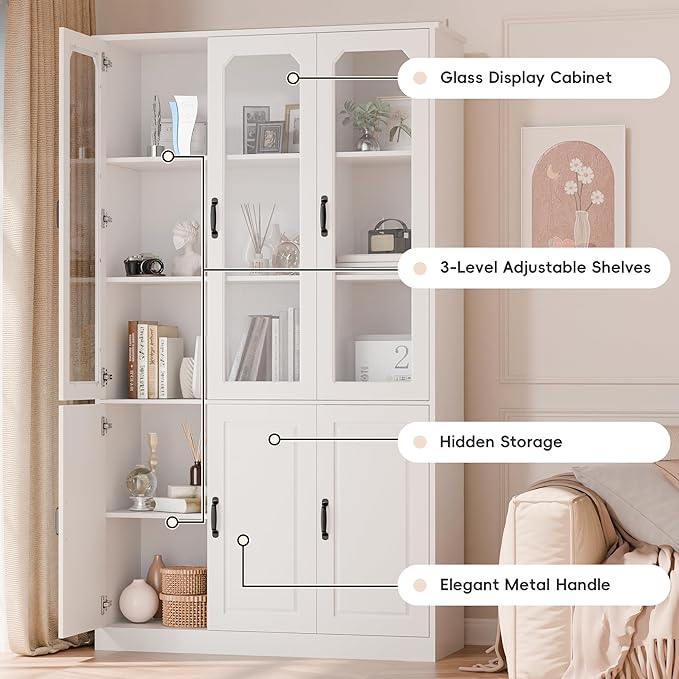 MU 78.7" Tall Kitchen Pantry with 3 Glass Doors, Freestanding China Cabinet with Adjustable Shelves, Large Kitchen Pantry Storage Cabinet Cupboard for Dining Room, Living Room, White (X-Large, 46" W)