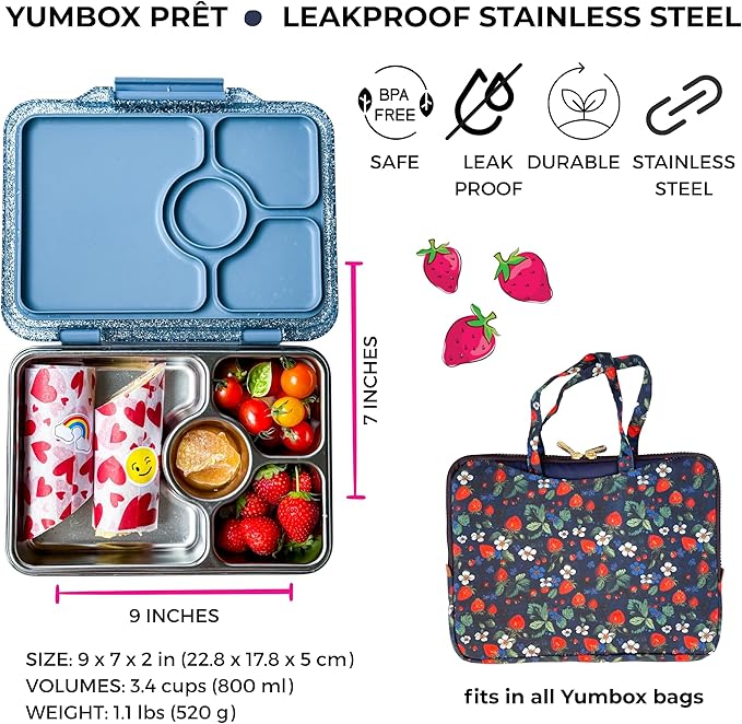 Yumbox Pr챗t Stainless Steel Leakproof Bento Lunch Box ??3-Compartment, Sandwich-Friendly Tray for Kids & Adults, Reusable, BPA-Free, Easy Open Latch (Paris Blue Glitter)