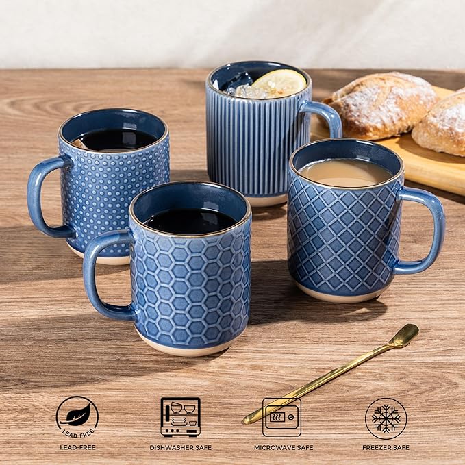 GBhome Large Coffee Mugs Set of 4, 16oz Handmade Stoneware Coffee Mugs Set with Large Handle for Cappuccino/Latte/Tea/Hot Cocoa, Dishwasher & Microwave Safe, Moonlight Blue