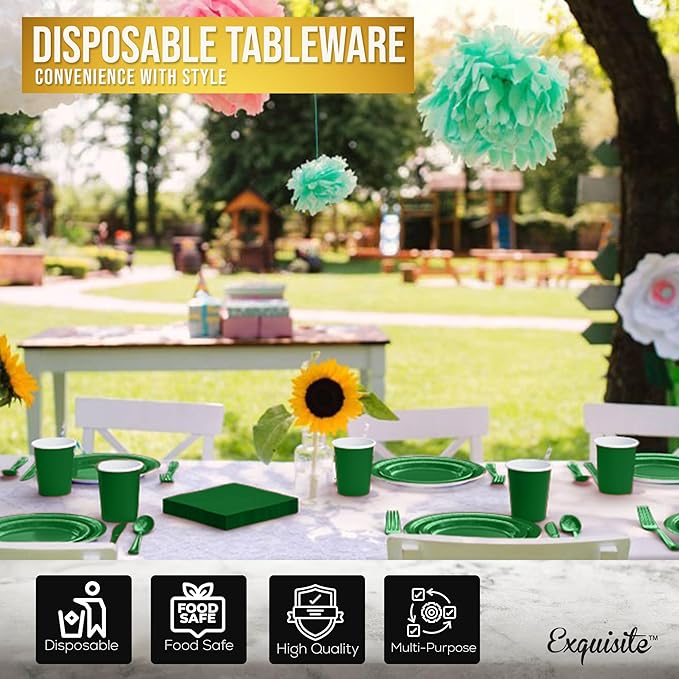 Exquisite 350 Pcs Emerald Paper Plates For Party, Emerald Disposable Plates Set, 50 Of Each 9" Dinner Plate Set, 7" Dessert Plate, Cups, Napkins & Cutlery Paper Dinnerware