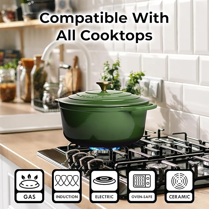 Zulay Kitchen 5 Quart Enameled Cast Iron Dutch Oven Pot with Lid ??Premium Durability & Oven Safe up to 500째F ??Heavy Duty Cookware Perfect for Bread Baking, Stews, Braising & Roasting ??Green