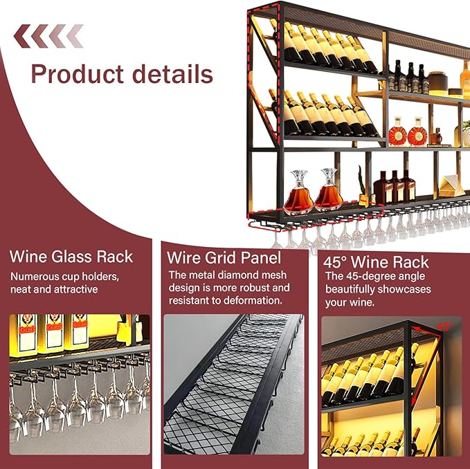 3 Tier Large Wine Rack Wall Mounted, Modern Industrial Liquor Bottle Display Shelves, Metal Bar Shelf with Wine Glass Rack, Black, for Home Kitchen, Dining and Bar