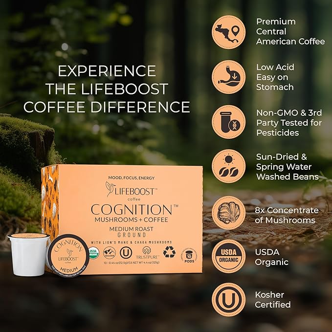 Lifeboost Cognition Mushroom Coffee Pods ??Organic Low Acid K-Cups with Lion?셲 Mane & Chaga Adaptogens ??Nootropic Coffee for Energy, Focus & Immune Support ??10 Count