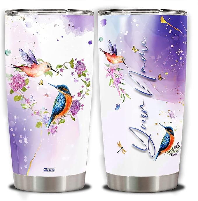 WAZONE Personalized Hummingbird Tumbler Cup 20 30oz Custom Name Humming Bird Stainless Steel Insulated Travel Mug Cups Gifts For Women On Valentine Day Birthday Anniversary