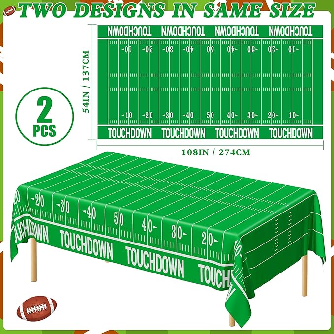 QZYL Football Party Decorations - 2PCS Touchdown Tablecloths, Disposable Tablecloths, Plastic Table Cover, Touchdown Theme Table Runner for Game Day, Birthday Party Supplies