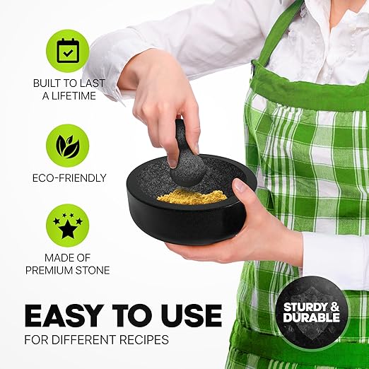 Umien Granite Mortar and Pestle Set - 8-Inch Natural Stone Molcajete with Avocado Tool - 3.5 Cup Capacity for Spices, Herbs, Pestos & Guacamole - Premium Kitchen Christmas Gift (Black)