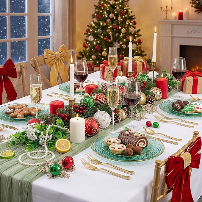Rubtlamp 100 Clear Green Gold Plastic Plates, Hammered Clear and Gold Disposable Plates Include 50 Dessert Platos, 50 Dinner Platos for Party