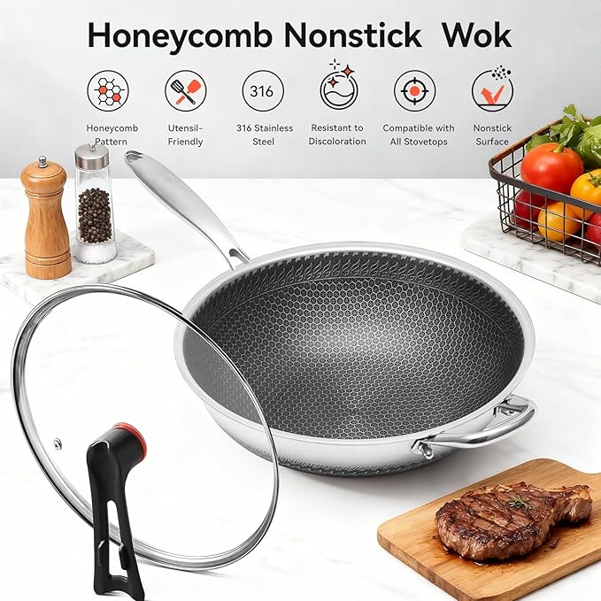 WANGYUANJI Upgraded Coating-Free 12.6" Stainless Steel Wok with Lid ??Enhanced Multi-Layer Steel, Flat-Bottom Stir-Fry Pan, Honeycomb Surface, Induction & Oven Safe