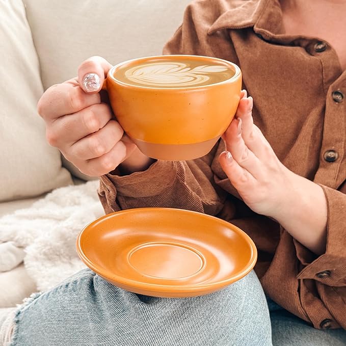 MORA Ceramic Latte Art Mug With Saucer - 10.5 oz, Round Bottom For Perfect Pours - Cafe Cups for Cappuccino, Espresso, Coffee, Tea etc - Porcelain Set for Baristas, Great Gift - Pumpkin Orange