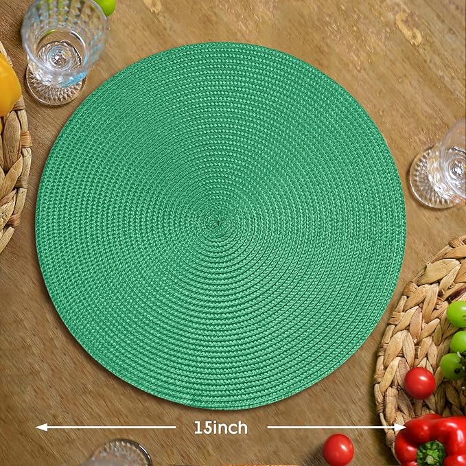 FunWheat Round Braided Placemats Set of 6 Table Mats for Dining Tables Woven Washable Non-Slip Place mats 15 inch(Holly Green, 6pcs)