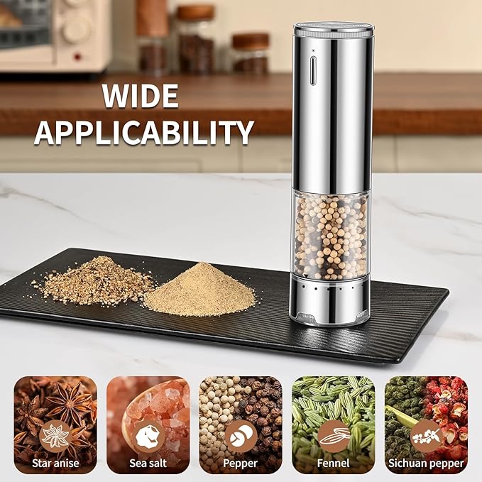 Electric Salt and Pepper Grinder Set Automatic Refillable Salt and Pepper Grinders with LED Light Pepper Grinder Kitchen Gadgets Adjustable Coarseness,One Handed Operation, Large Capacity